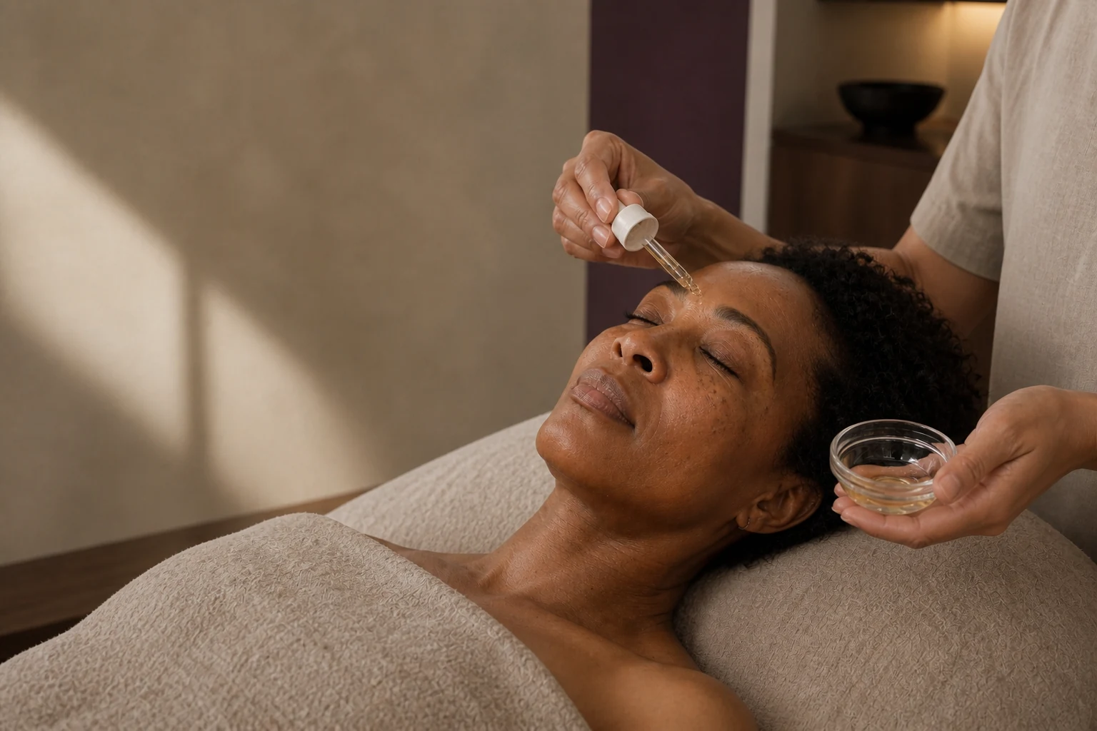 A customized facial treatment being applied to a client's skin